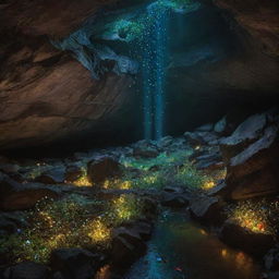 A mesmerizing view of multitudes of fireflies glowing amidst a radiant, diamond encrusted cave, showcasing a beautiful spectrum of colors.