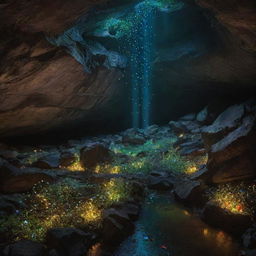 A mesmerizing view of multitudes of fireflies glowing amidst a radiant, diamond encrusted cave, showcasing a beautiful spectrum of colors.