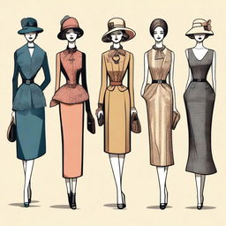 A detailed illustration showcasing the evolution of fashion history, depicting iconic styles from different eras such as the Victorian era, the Roaring Twenties, the 1960s, and contemporary fashion