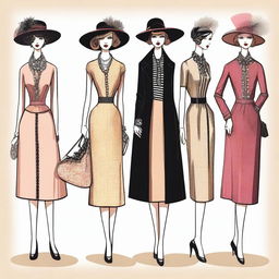 A detailed illustration showcasing the evolution of fashion history, depicting iconic styles from different eras such as the Victorian era, the Roaring Twenties, the 1960s, and contemporary fashion