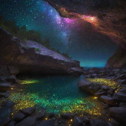 A mesmerizing view of multitudes of fireflies glowing amidst a radiant, diamond encrusted cave, showcasing a beautiful spectrum of colors.