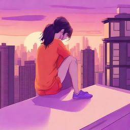 A serene scene featuring a girl sitting on the roof of an apartment building