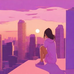 A serene scene featuring a girl sitting on the roof of an apartment building