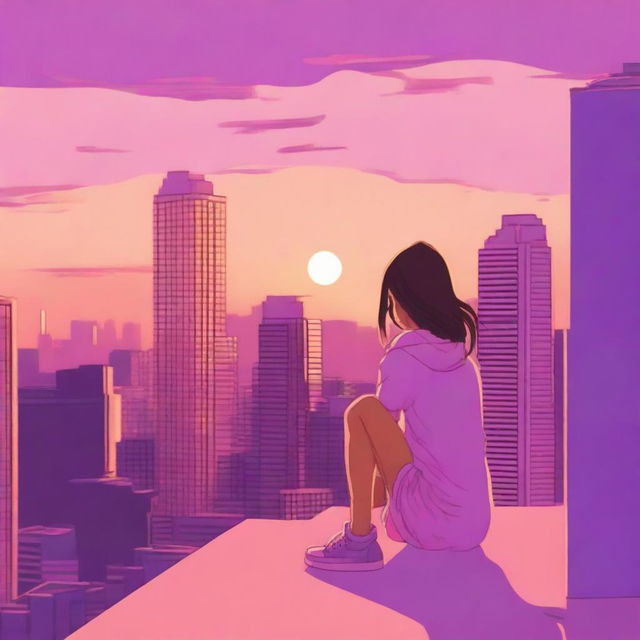 A serene scene featuring a girl sitting on the roof of an apartment building