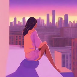 A serene scene featuring a girl sitting on the roof of an apartment building