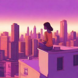 A serene scene featuring a girl sitting on the roof of an apartment building