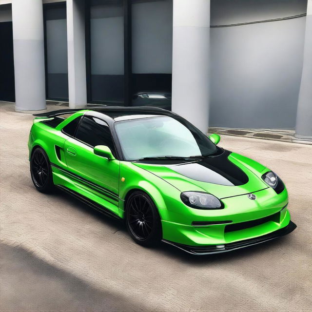 A detailed image of a Toyota MR2 SW20 with a green and black car wrap