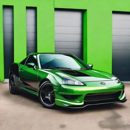 A detailed image of a Toyota MR2 SW20 with a green and black car wrap