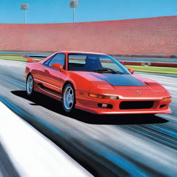 A high-energy scene featuring a Toyota MR2 drag racing on a professional track