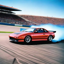 A high-energy scene featuring a Toyota MR2 drag racing on a professional track