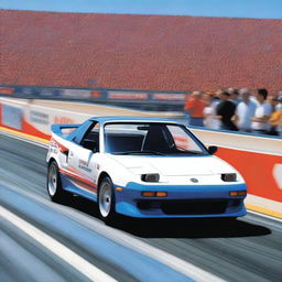 A high-energy scene featuring a Toyota MR2 drag racing on a professional track