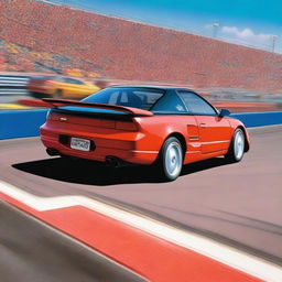 A high-energy scene featuring a Toyota MR2 drag racing on a professional track