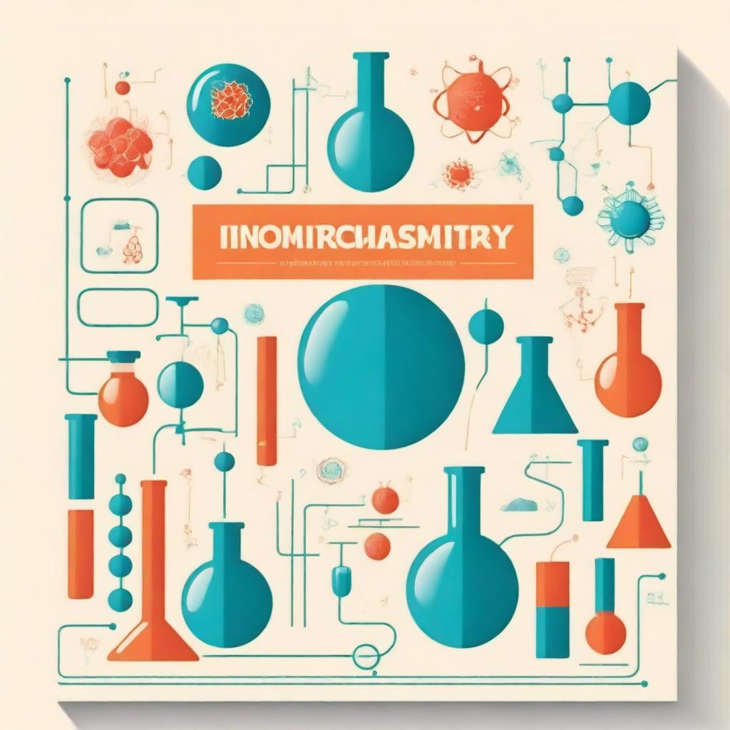 A detailed cover for a chemistry book featuring scientific symbols, molecules, and lab equipment