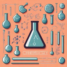 A detailed cover for a chemistry book featuring scientific symbols, molecules, and lab equipment