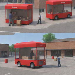 Generate a 3D scene with a man handing a box to a kiosk seller, a red truck nearby, and another kiosk seller delivering a box to a person.