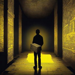 A person holding a box in a dark-themed setting with yellow details