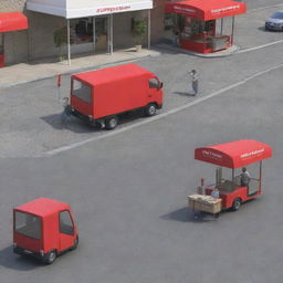 Generate a 3D scene with a man handing a box to a kiosk seller, a red truck nearby, and another kiosk seller delivering a box to a person.