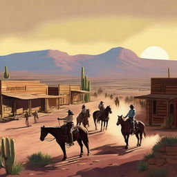 A vivid depiction of the Wild West, featuring cowboys riding horses, a dusty desert landscape, cacti, and a classic Western town with saloons and wooden buildings