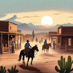 A vivid depiction of the Wild West, featuring cowboys riding horses, a dusty desert landscape, cacti, and a classic Western town with saloons and wooden buildings