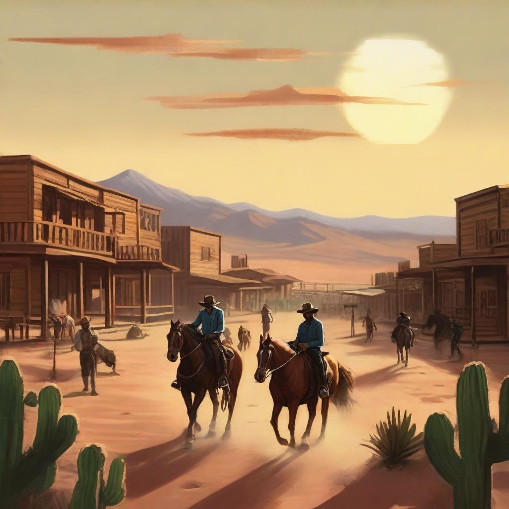 A vivid depiction of the Wild West, featuring cowboys riding horses, a dusty desert landscape, cacti, and a classic Western town with saloons and wooden buildings