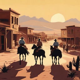 A vivid depiction of the Wild West, featuring cowboys riding horses, a dusty desert landscape, cacti, and a classic Western town with saloons and wooden buildings