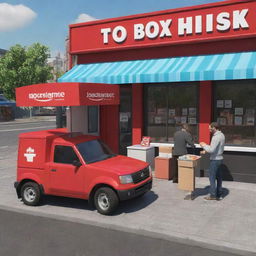 Generate a 3D scene with a man handing a box to a kiosk seller, a red truck nearby, and another kiosk seller delivering a box to a person.