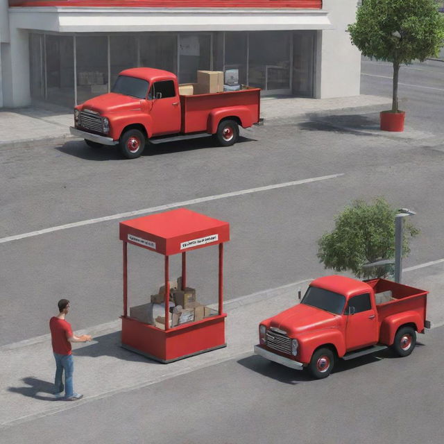 Generate a 3D scene with a man handing a box to a kiosk seller, a red truck nearby, and another kiosk seller delivering a box to a person.