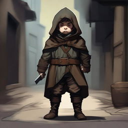 A stocky halfling rogue is depicted in full height from head to toe