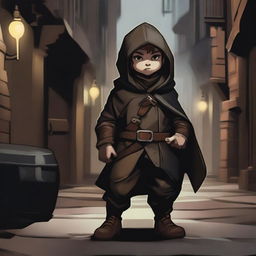 A stocky halfling rogue is depicted in full height from head to toe