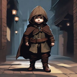 A stocky halfling rogue is depicted in full height from head to toe