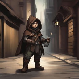 A stocky halfling rogue is depicted in full height from head to toe