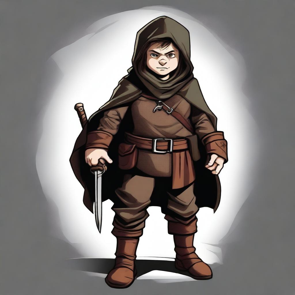 Create an image of a stocky halfling rogue, shown at full height from head to toe