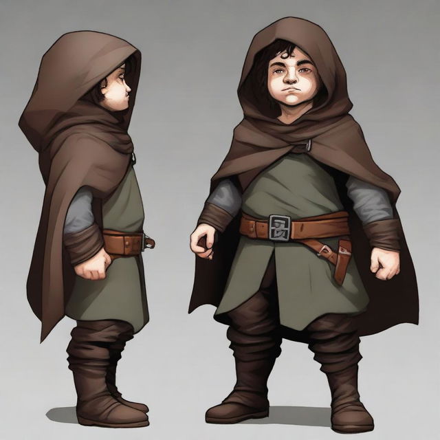 Create an image of a stocky halfling rogue, shown at full height from head to toe