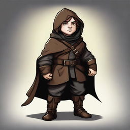 Create an image of a stocky halfling rogue, shown at full height from head to toe