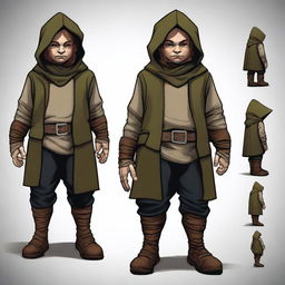 Create an image of a stocky halfling rogue, shown at full height from head to toe