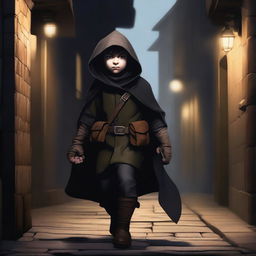 A detailed digital art of a halfling rogue character