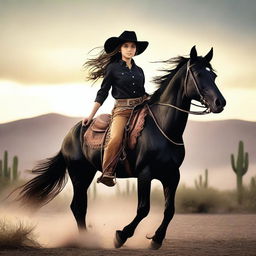 An image of a young girl riding a majestic black horse in a Wild West setting