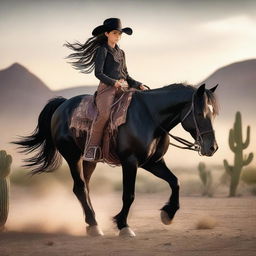 An image of a young girl riding a majestic black horse in a Wild West setting