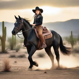 An image of a young girl riding a majestic black horse in a Wild West setting