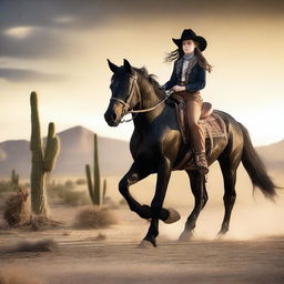 An image of a young girl riding a majestic black horse in a Wild West setting