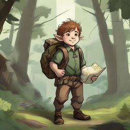 A cheerful halfling with a large backpack, wearing adventurer's clothing, standing in a lush forest