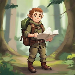 A cheerful halfling with a large backpack, wearing adventurer's clothing, standing in a lush forest