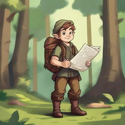 A cheerful halfling with a large backpack, wearing adventurer's clothing, standing in a lush forest