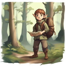 A cheerful halfling with a large backpack, wearing adventurer's clothing, standing in a lush forest