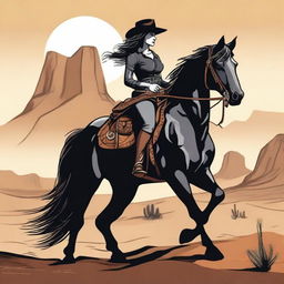 A drawing of a woman riding a majestic black horse in a Wild West setting