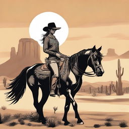 A drawing of a woman riding a majestic black horse in a Wild West setting