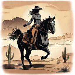 A drawing of a woman riding a majestic black horse in a Wild West setting