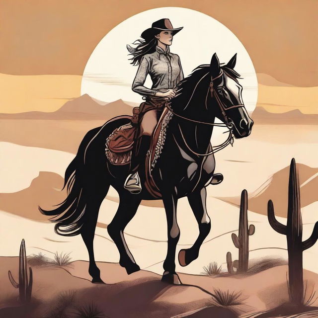 A drawing of a woman riding a majestic black horse in a Wild West setting