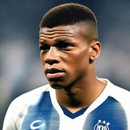 A close-up scene of Kylian Mbappé crying after a defeat in a football match