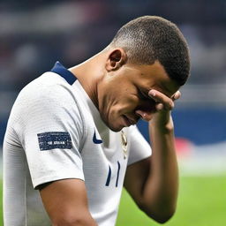 A close-up scene of Kylian Mbappé crying after a defeat in a football match